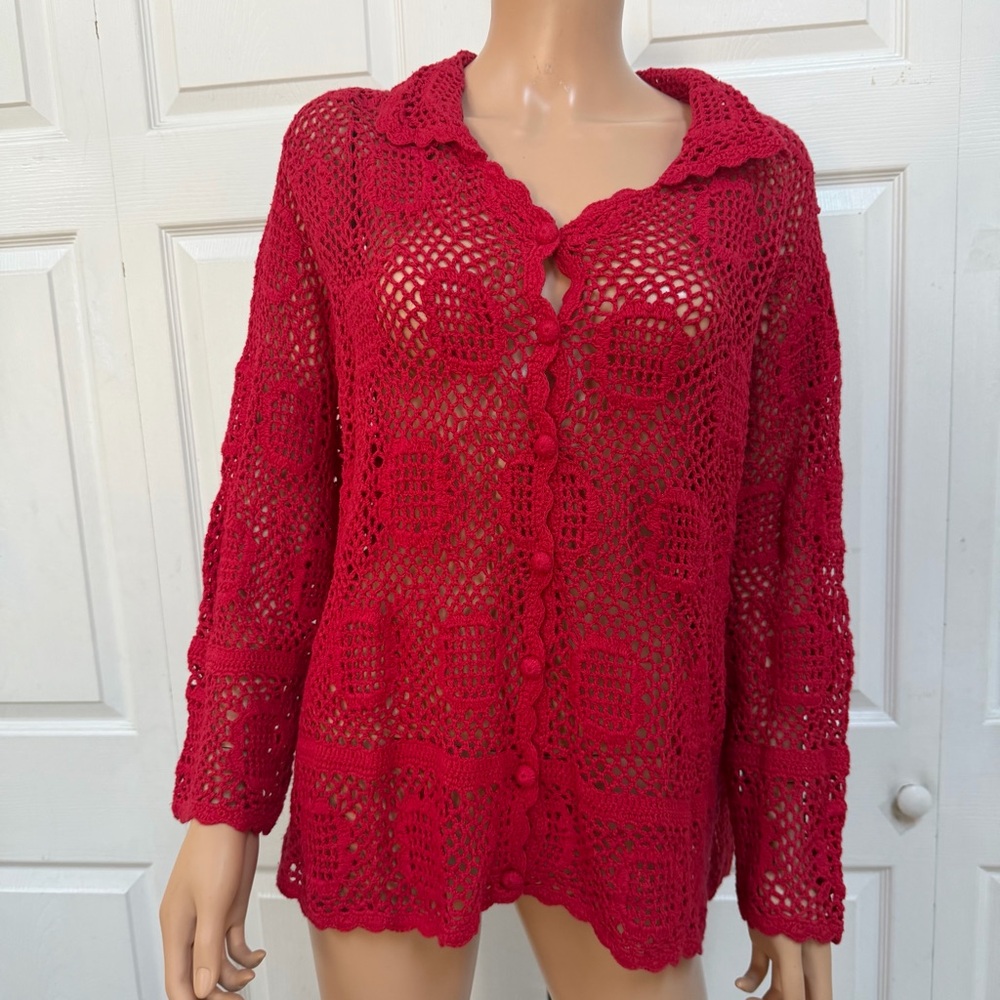 Monroe & Main Red Crochet Cardigan Women’s Plus Size 2X Long Sleeve Buttons